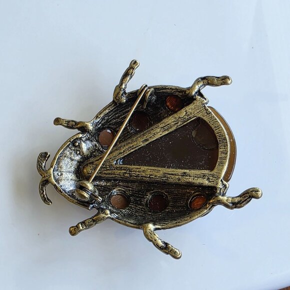 Ladybug Beetle Bug Brooch Brown Amber Aurora Rhinestone Vtg Insp Statement - Picture 4 of 5